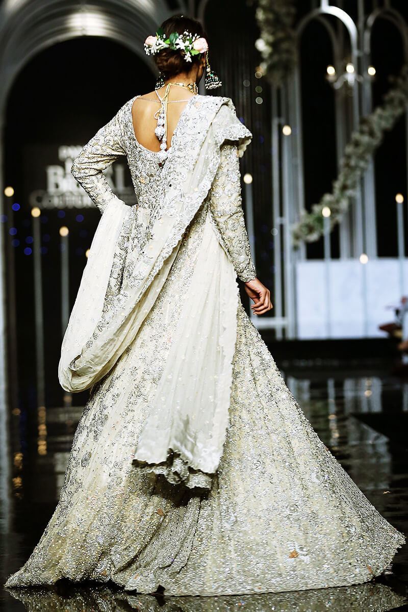 Pakistani Ivory Silver Powder Pink Embellished Silk Net Bridal Gown (2-Piece) - Image 4