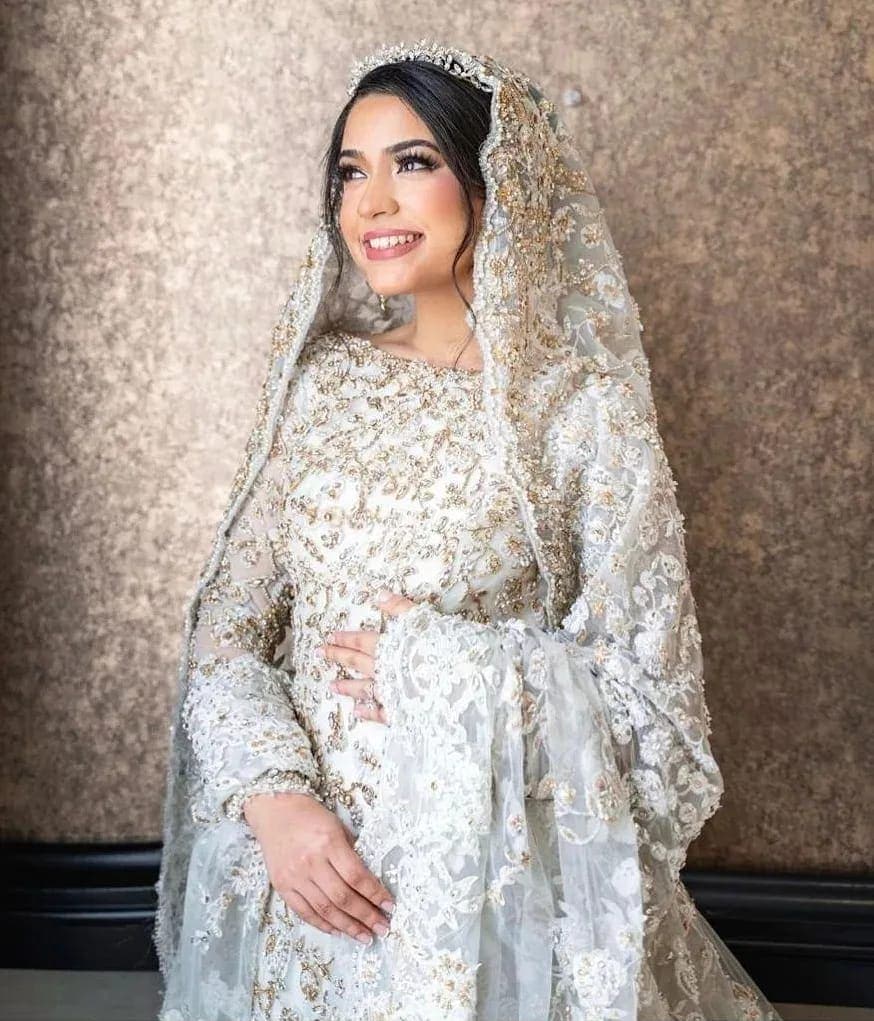 Pakistani Ivory Pearl-Embellished Silk-Blend Bridal Gown (2-Piece) - Image 2