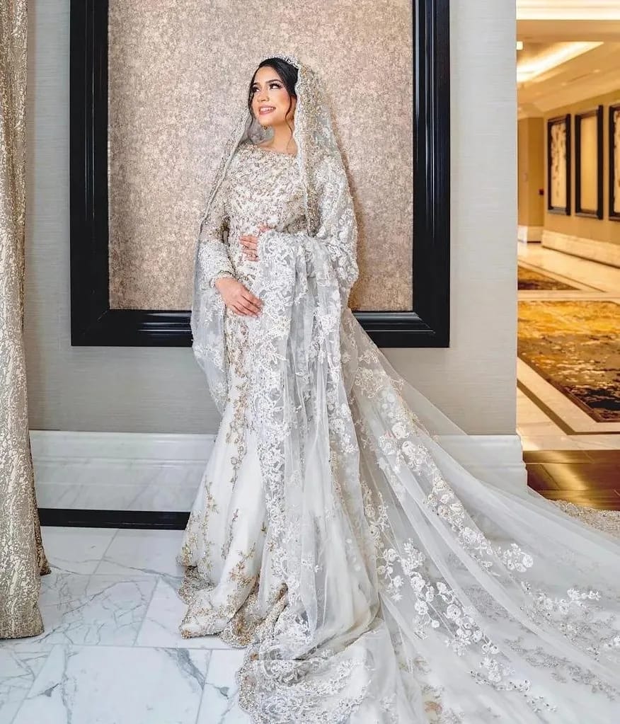 Pakistani Ivory Pearl-Embellished Silk-Blend Bridal Gown (2-Piece) - Image 4