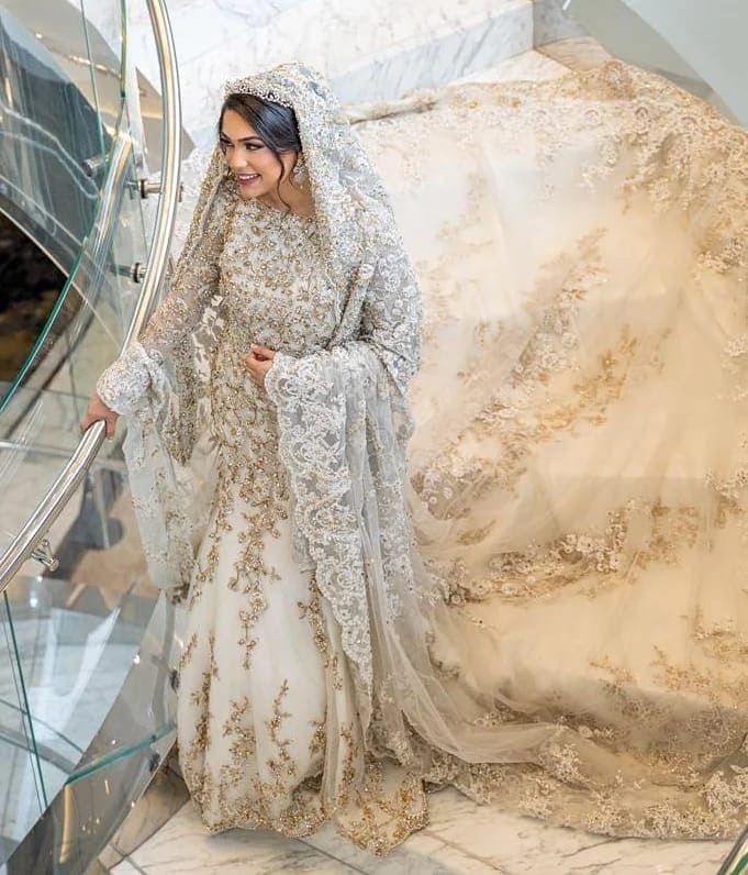 Pakistani Ivory Pearl-Embellished Silk-Blend Bridal Gown (2-Piece) - Image 5