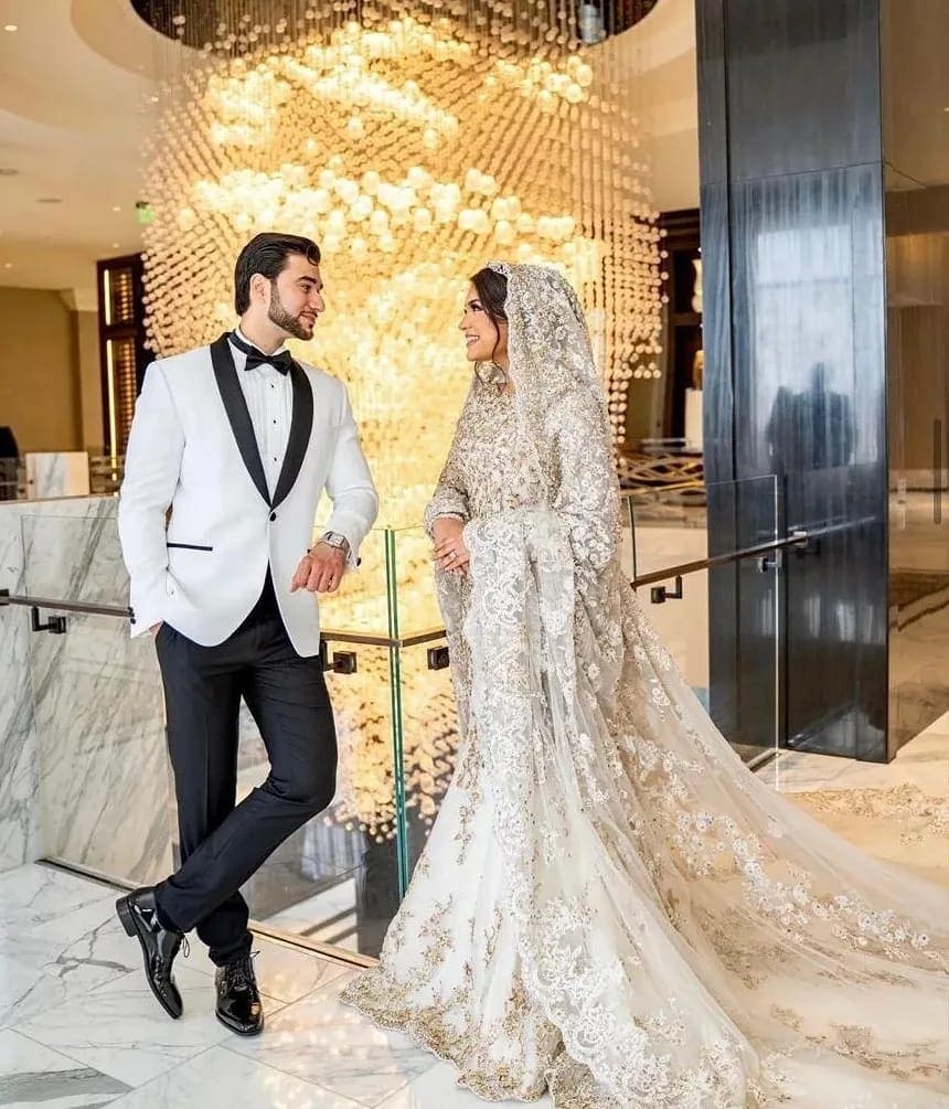 Pakistani Ivory Pearl-Embellished Silk-Blend Bridal Gown (2-Piece) - Image 8