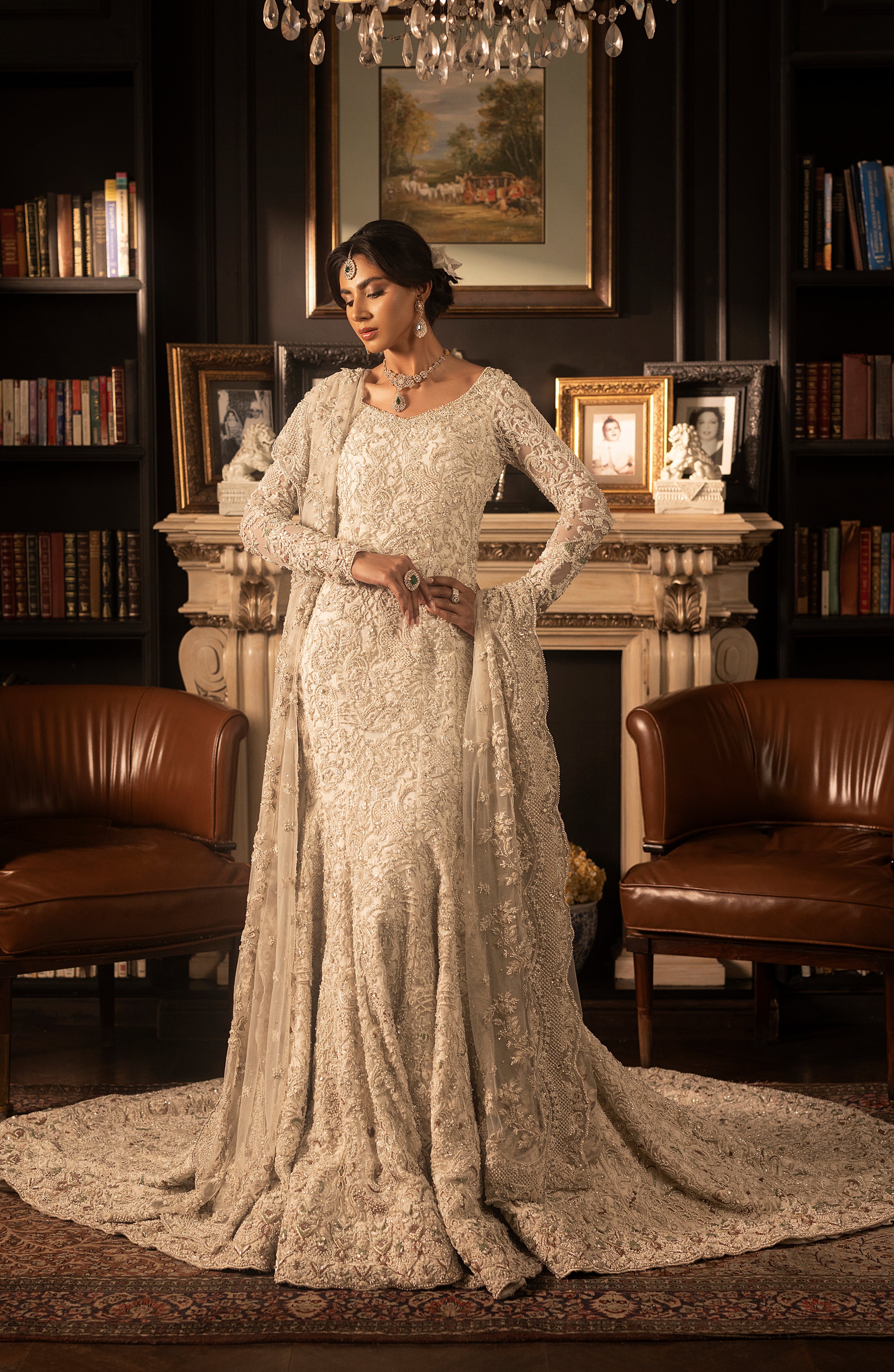 Pakistani Ivory Embellished Silk-Net Mermaid Bridal Gown (2-Piece) - Image 2