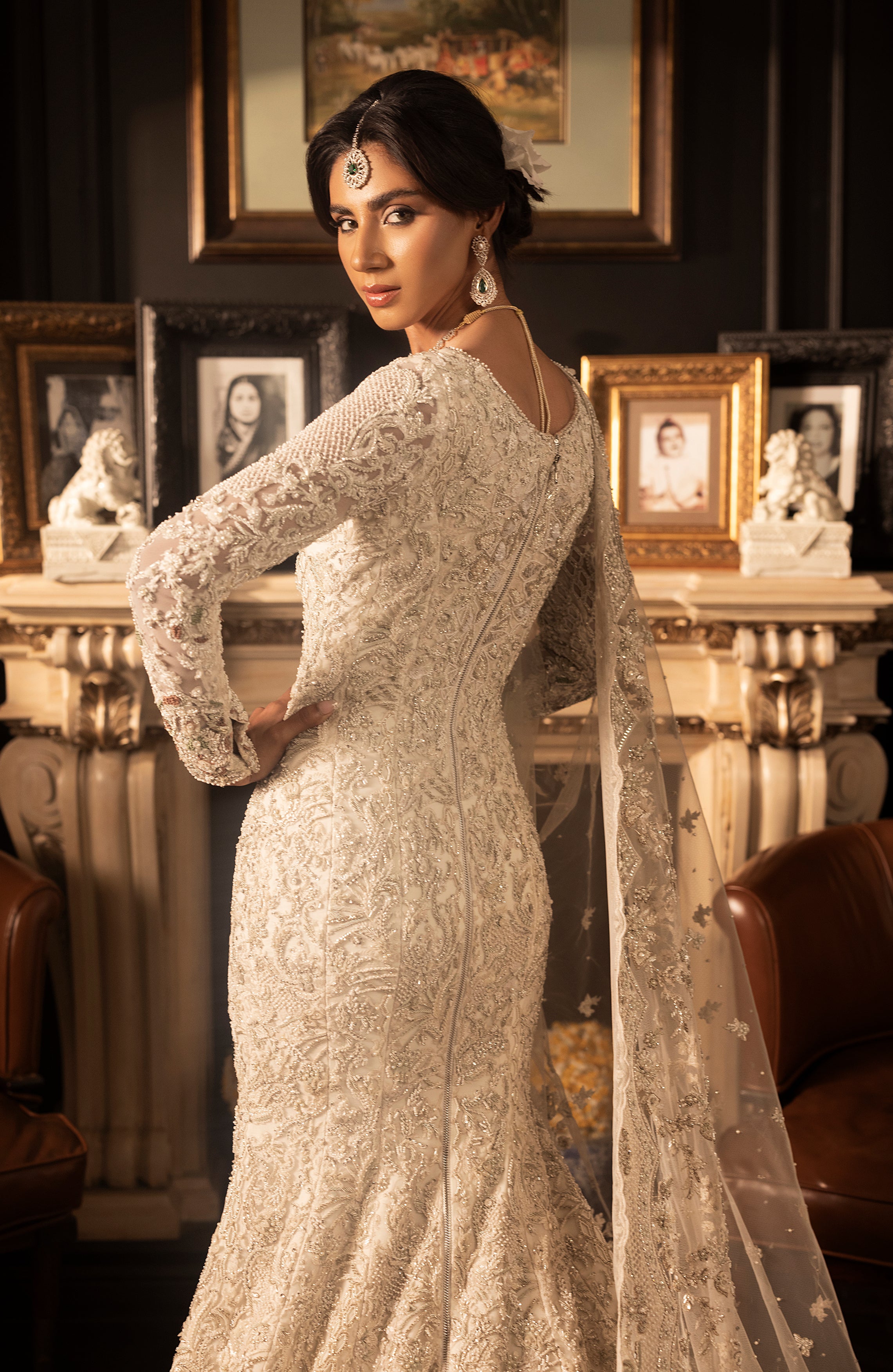 Pakistani Ivory Embellished Silk-Net Mermaid Bridal Gown (2-Piece) - Image 7