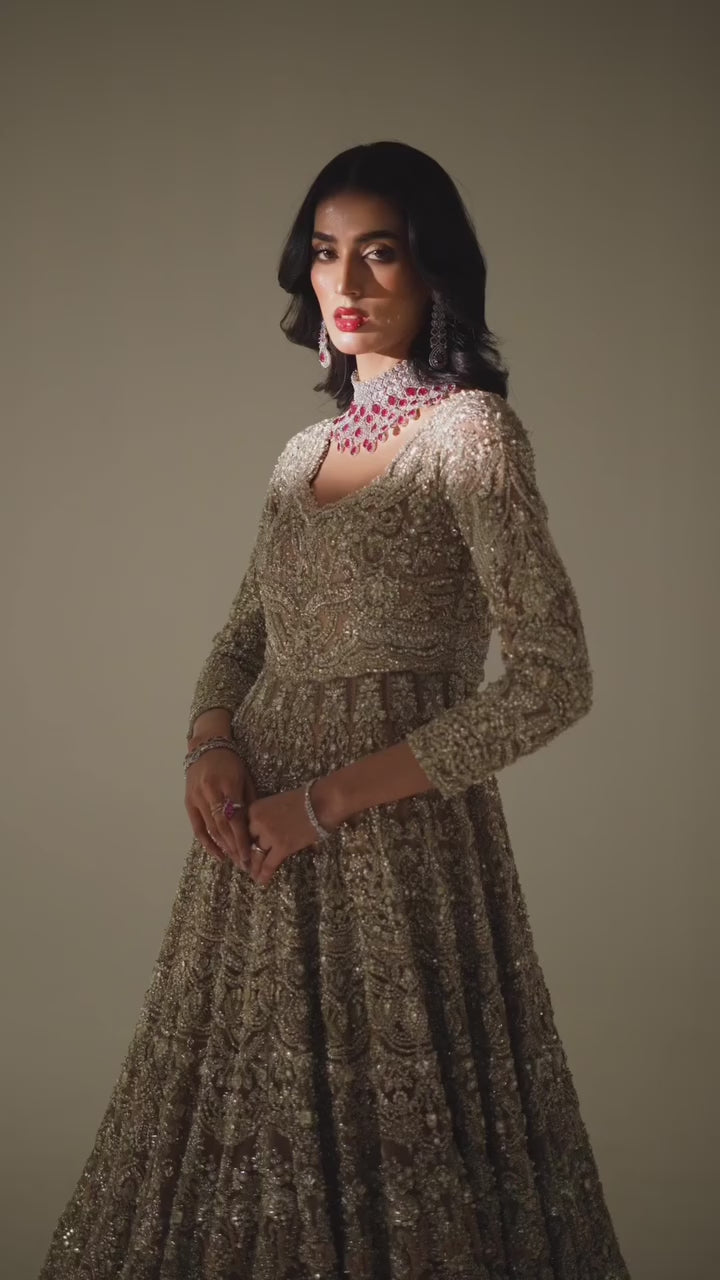 Pakistani Ivory Embellished Net Silk Bridal Gown (2-Piece) - Image 10