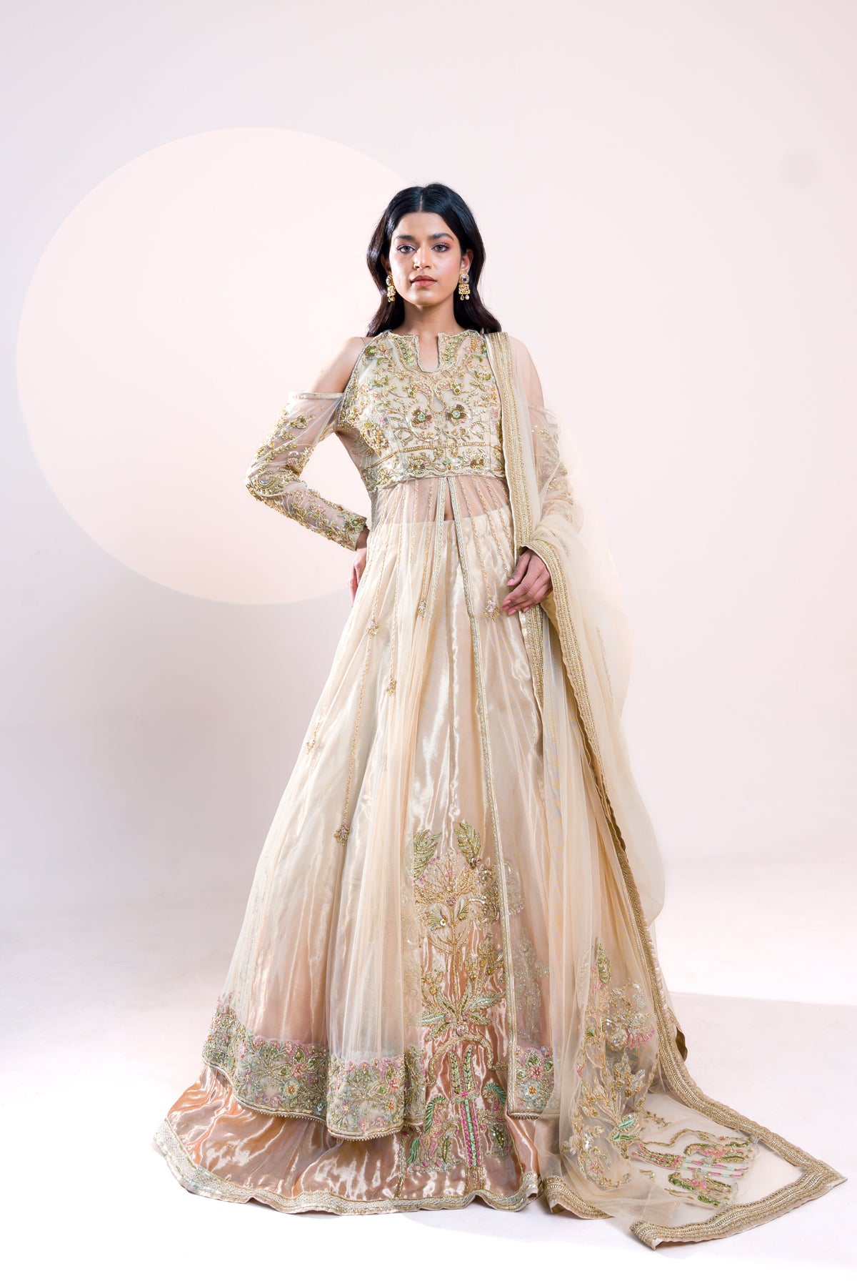 Pakistani Off-White Embroidered Tissue Gown (2-Piece) - Image 4