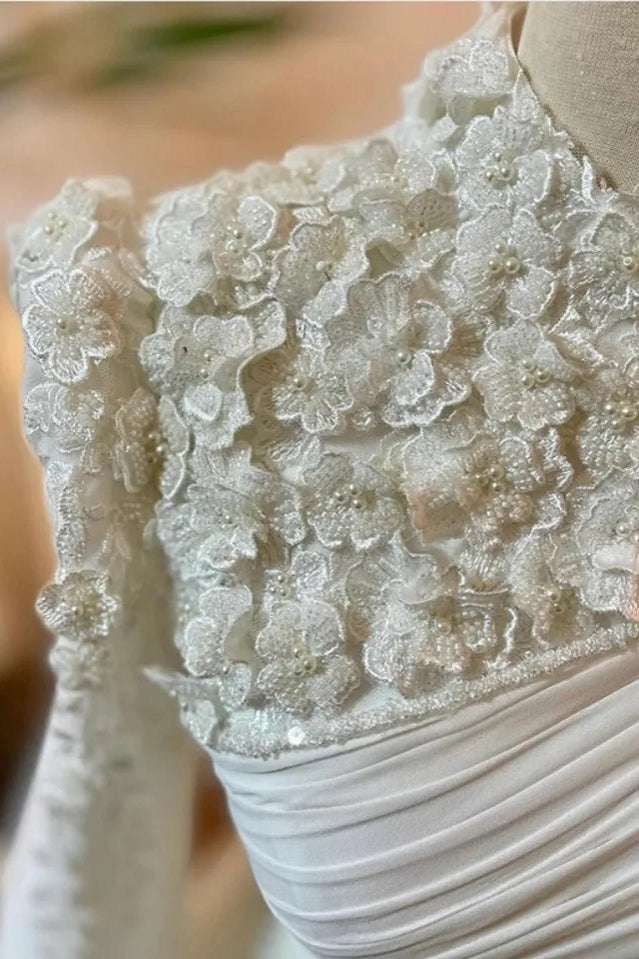 Pakistani Ivory Floral Appliqué Tulle Chiffon Wedding Gown (1-Pc) - Image 6