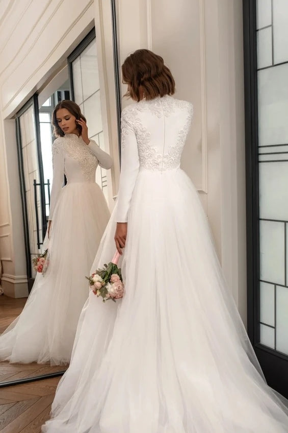 Pakistani Ivory Lace Tulle A-Line Wedding Gown (1-Pc) - Image 2