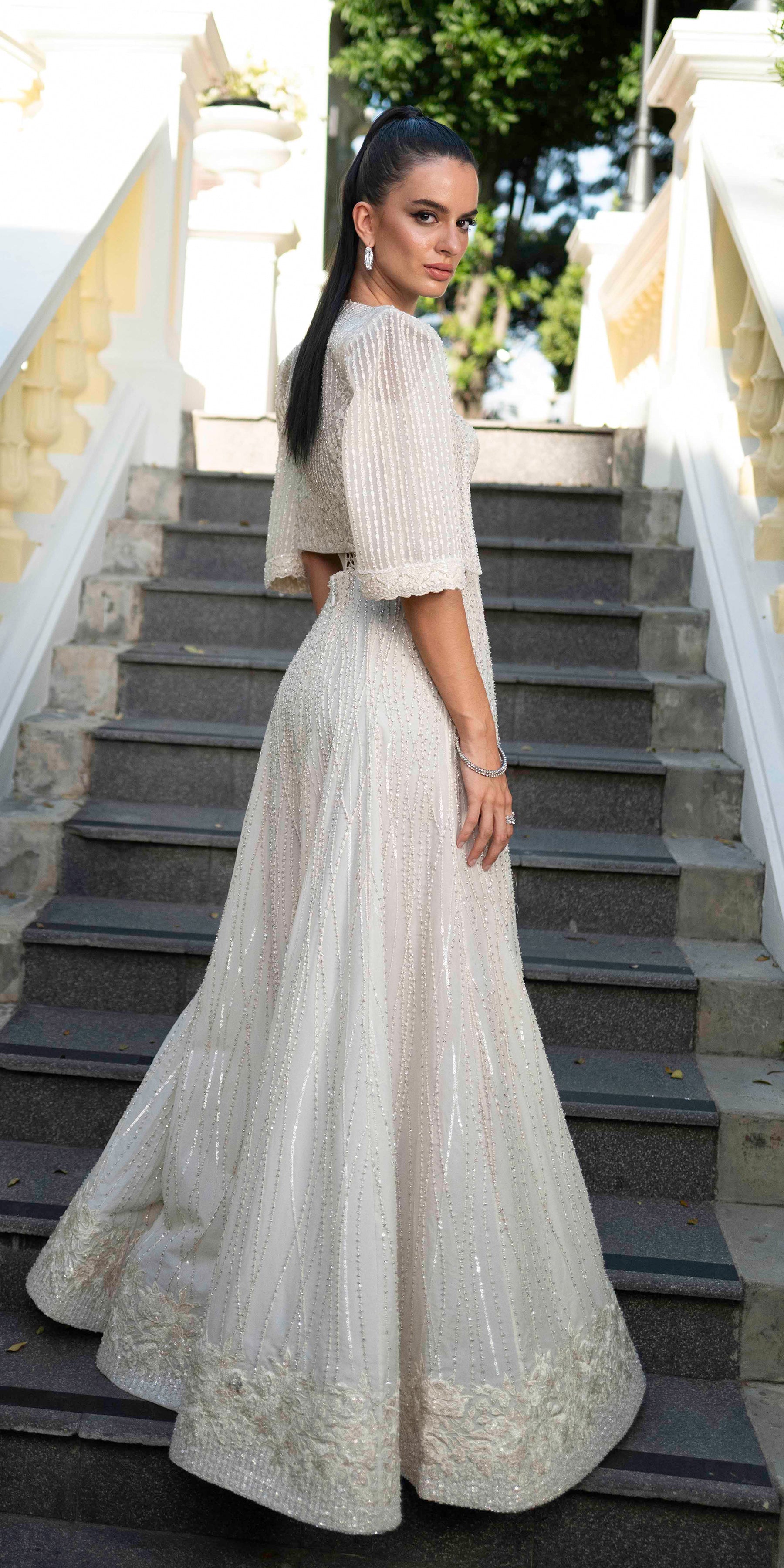 Ivory Embellished Tulle Corset Gown (2-Piece) - Image 10