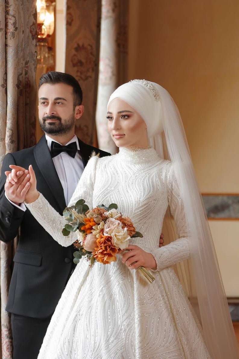 Pakistani Ivory Beaded Tulle A-Line Wedding Gown (1-Pc) - Image 9