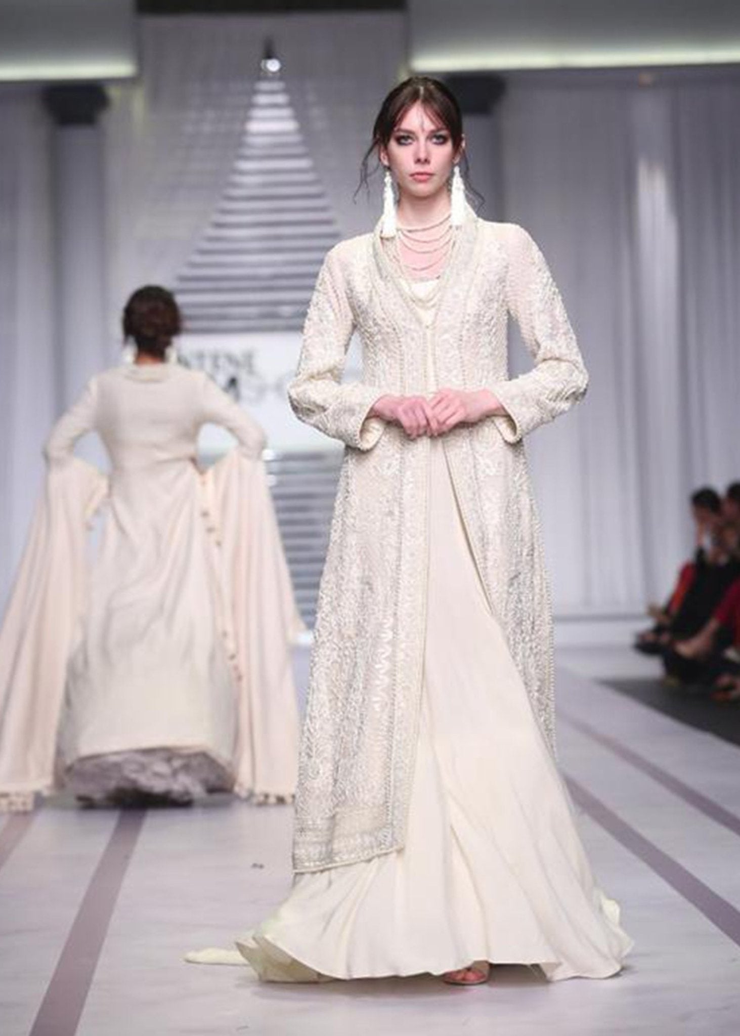 Pakistani Off-White Pearl & Bead Embroidered Twill Cotton Gown (2-Piece) - Image 1