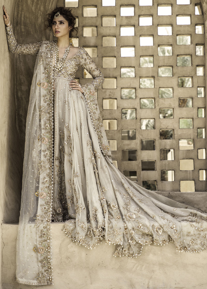 Pakistani Ivory Hand-Embroidered Zari Net & Organza Bridal Gown (2-Piece) - Image 1