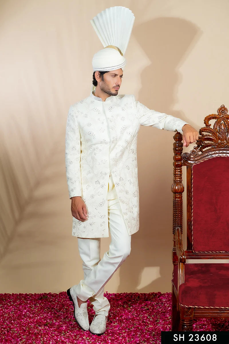 Off-White Embellished Baar Silk Groom Sherwani (2-Piece) - Image 1