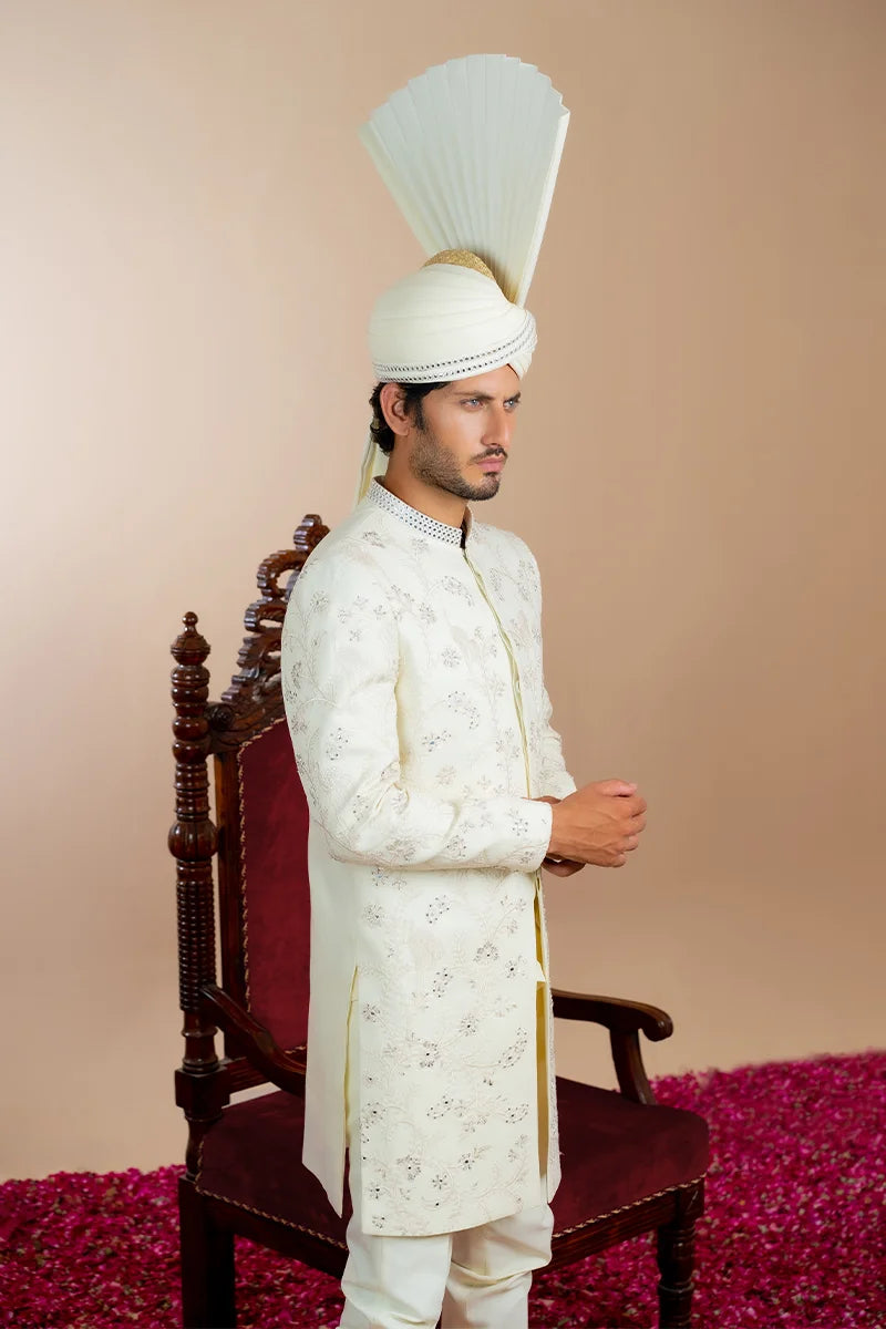 Off-White Embellished Baar Silk Groom Sherwani (2-Piece) - Image 2
