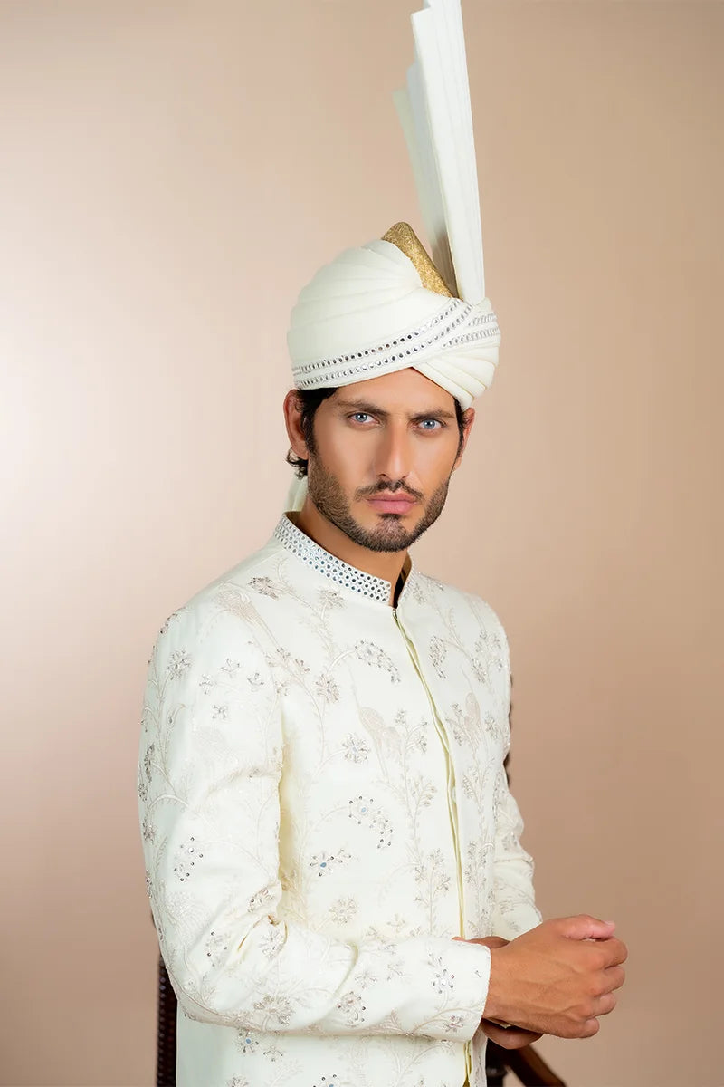Off-White Embellished Baar Silk Groom Sherwani (2-Piece) - Image 3