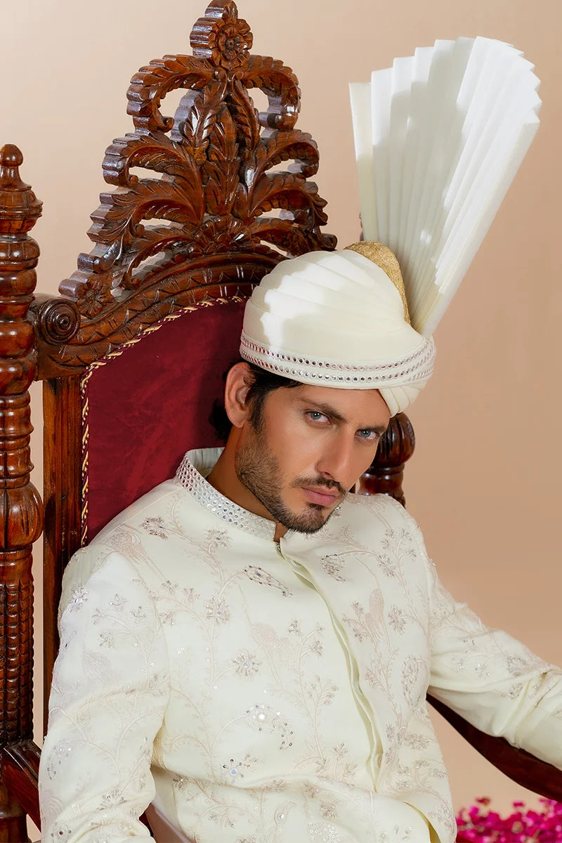 Off-White Embellished Baar Silk Groom Sherwani (2-Piece) - Image 4