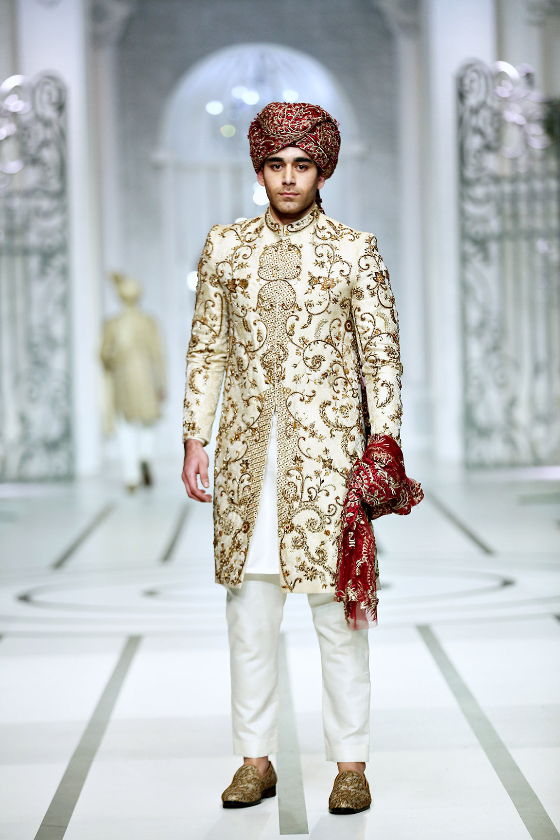 Ivory Gold Embroidered Banarsi Silk Sherwani (4-Piece) - Image 1