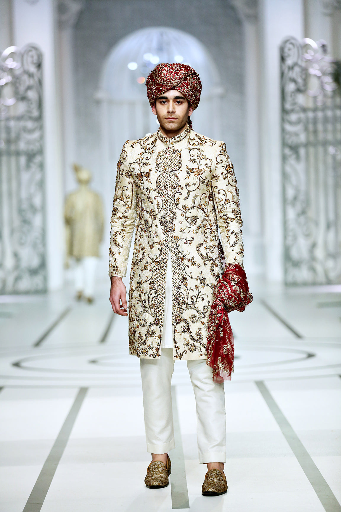 Ivory Gold Embroidered Banarsi Silk Sherwani (4-Piece) - Image 2