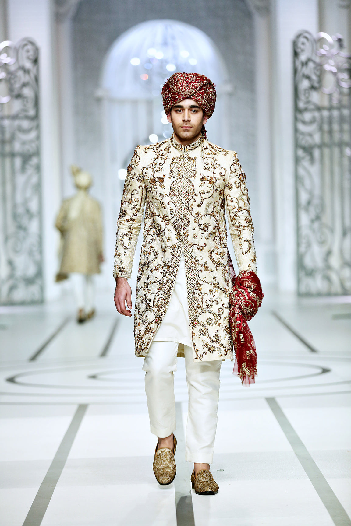 Ivory Gold Embroidered Banarsi Silk Sherwani (4-Piece) - Image 3