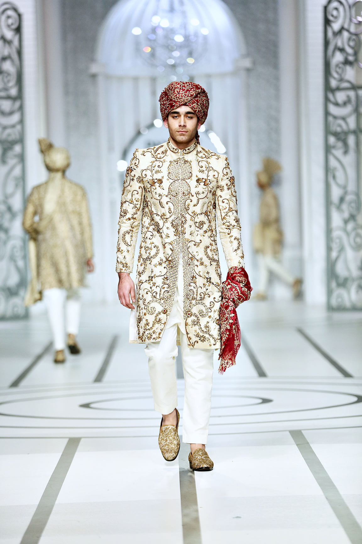 Ivory Gold Embroidered Banarsi Silk Sherwani (4-Piece) - Image 5