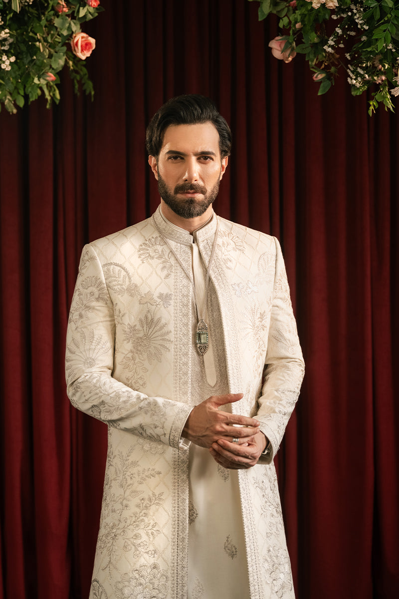 Ivory Embroidered Cotton Silk Sherwani (3-Piece) - Image 2