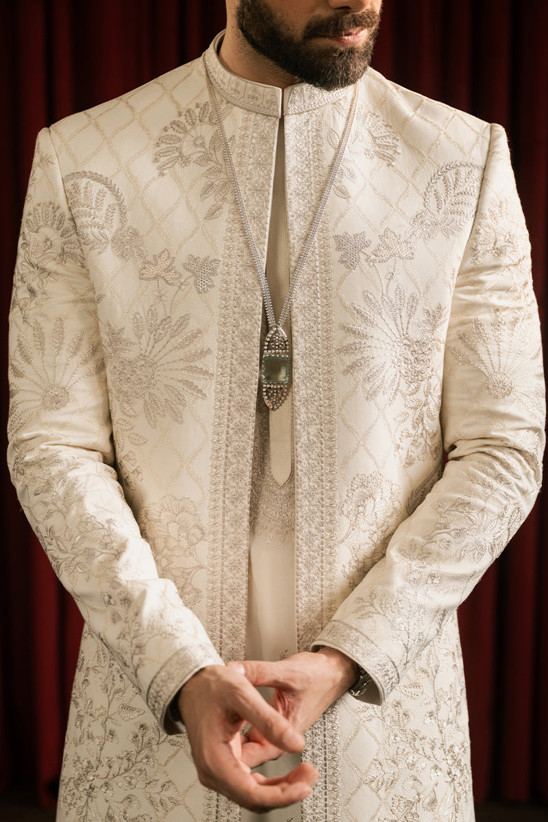 Ivory Embroidered Cotton Silk Sherwani (3-Piece) - Image 3