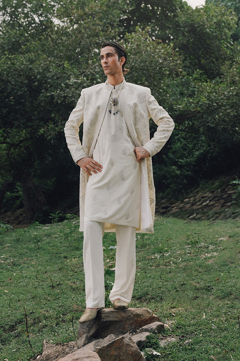 Ivory Embroidered Cotton Silk Sherwani (3-Piece) - Image 6