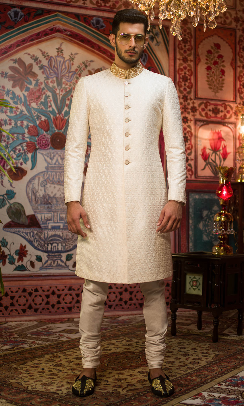 Ivory Brocade Sherwani with Gold Embroidered Collar (2-Piece) - Image 1