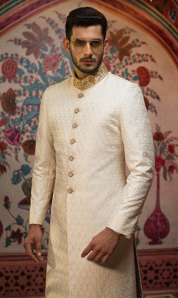 Ivory Brocade Sherwani with Gold Embroidered Collar (2-Piece) - Image 3