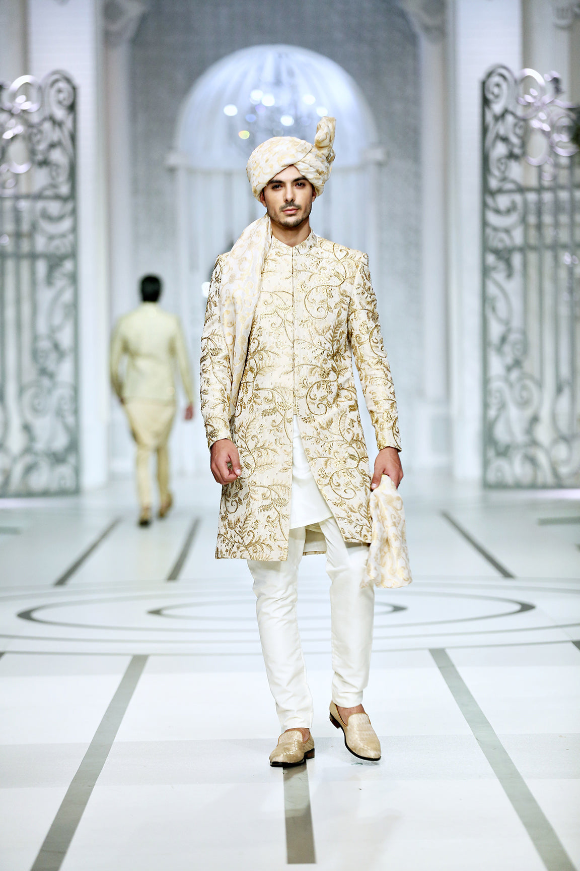 Ivory Gold Embroidered Silk-Blend Groom Sherwani (4-Piece) - Image 1