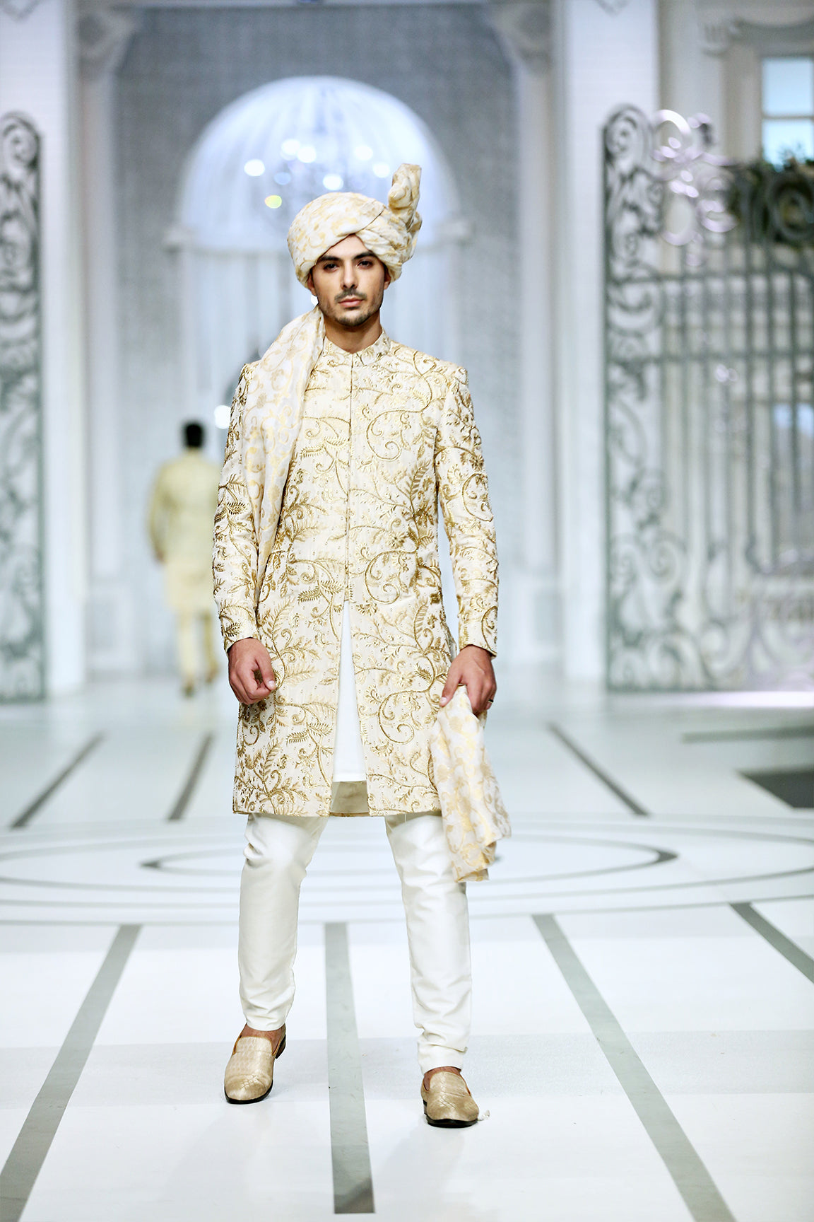 Ivory Gold Embroidered Silk-Blend Groom Sherwani (4-Piece) - Image 2