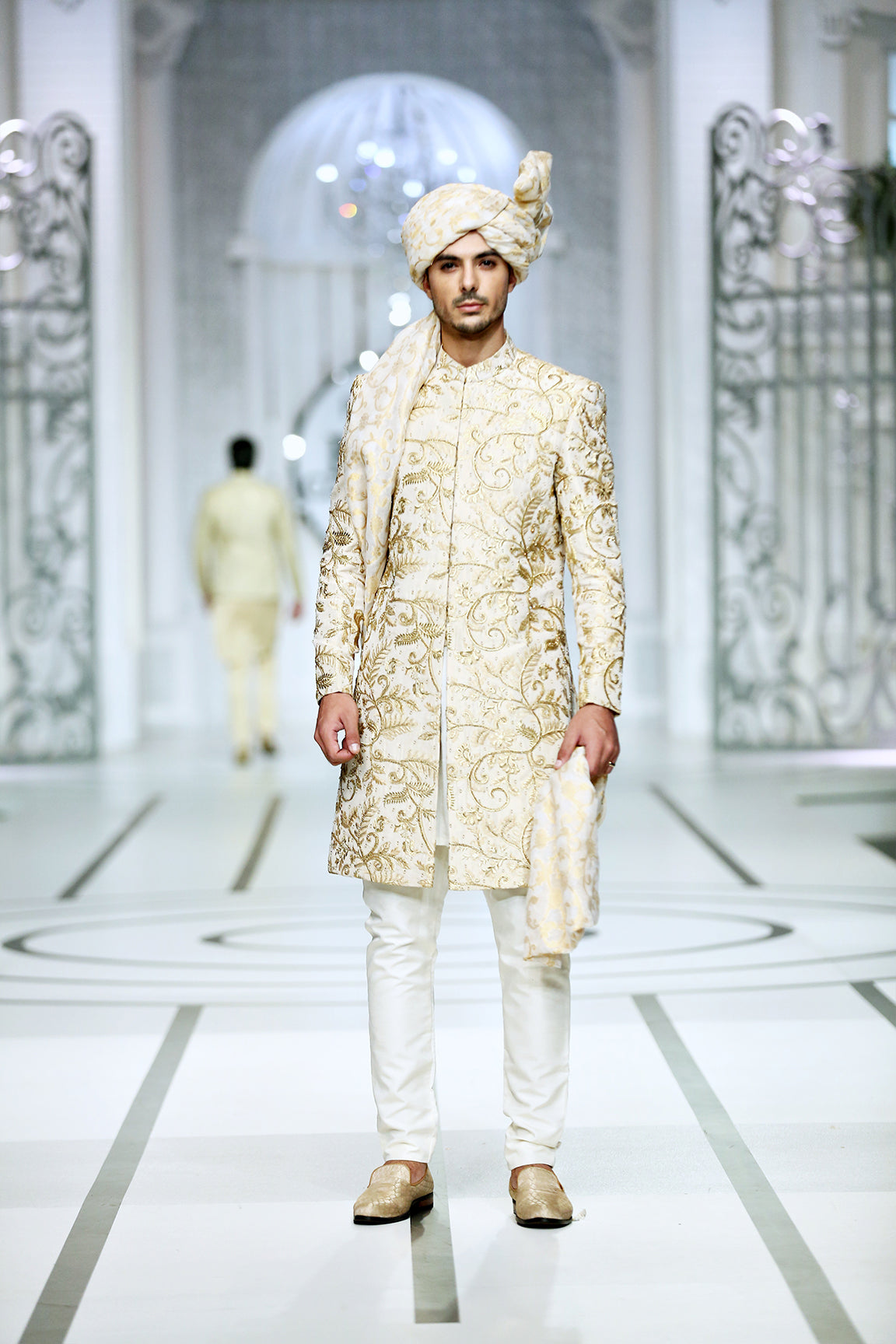 Ivory Gold Embroidered Silk-Blend Groom Sherwani (4-Piece) - Image 3