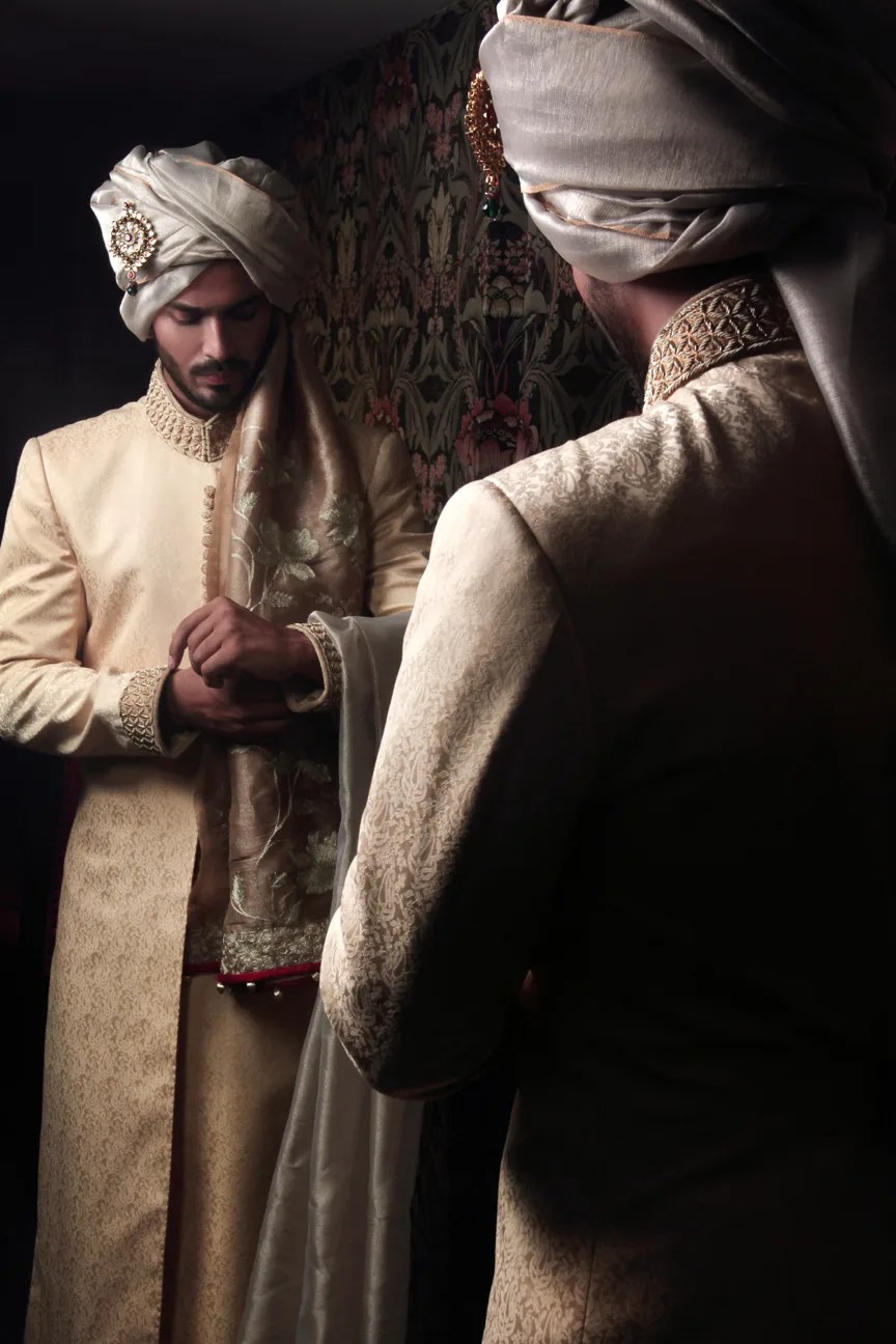 Ivory Brocade Groom Sherwani with Hand Embroidery (3-Piece) - Image 1