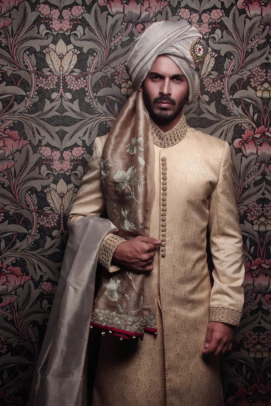 Ivory Brocade Groom Sherwani with Hand Embroidery (3-Piece) - Image 3