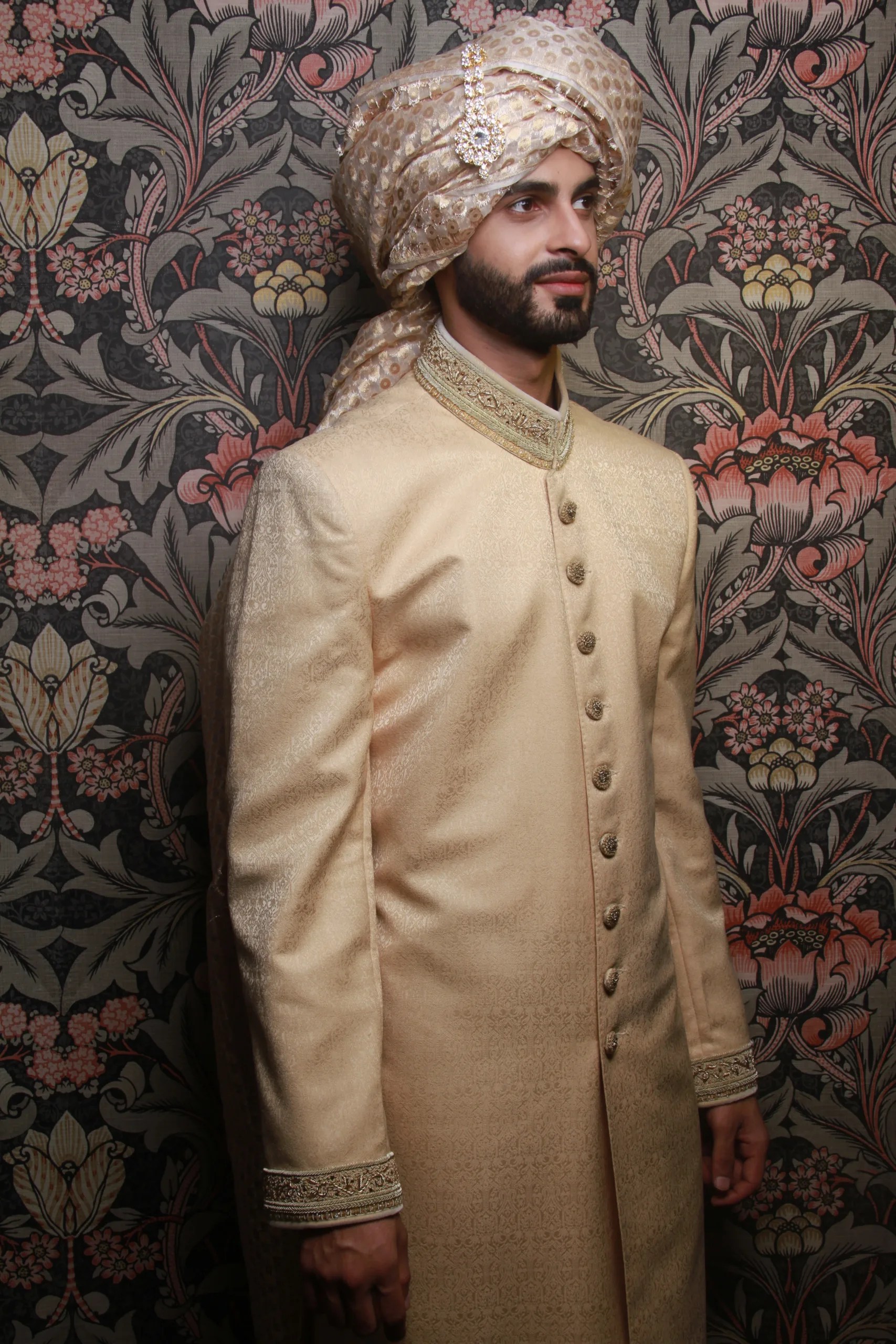 Ivory Embroidered Brocade Groom Sherwani (2-Piece) - Image 4