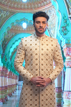 Ivory Hand-Embroidered Silk-Blend Sherwani (2-Piece) - Image 2