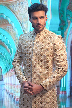 Ivory Hand-Embroidered Silk-Blend Sherwani (2-Piece) - Image 3