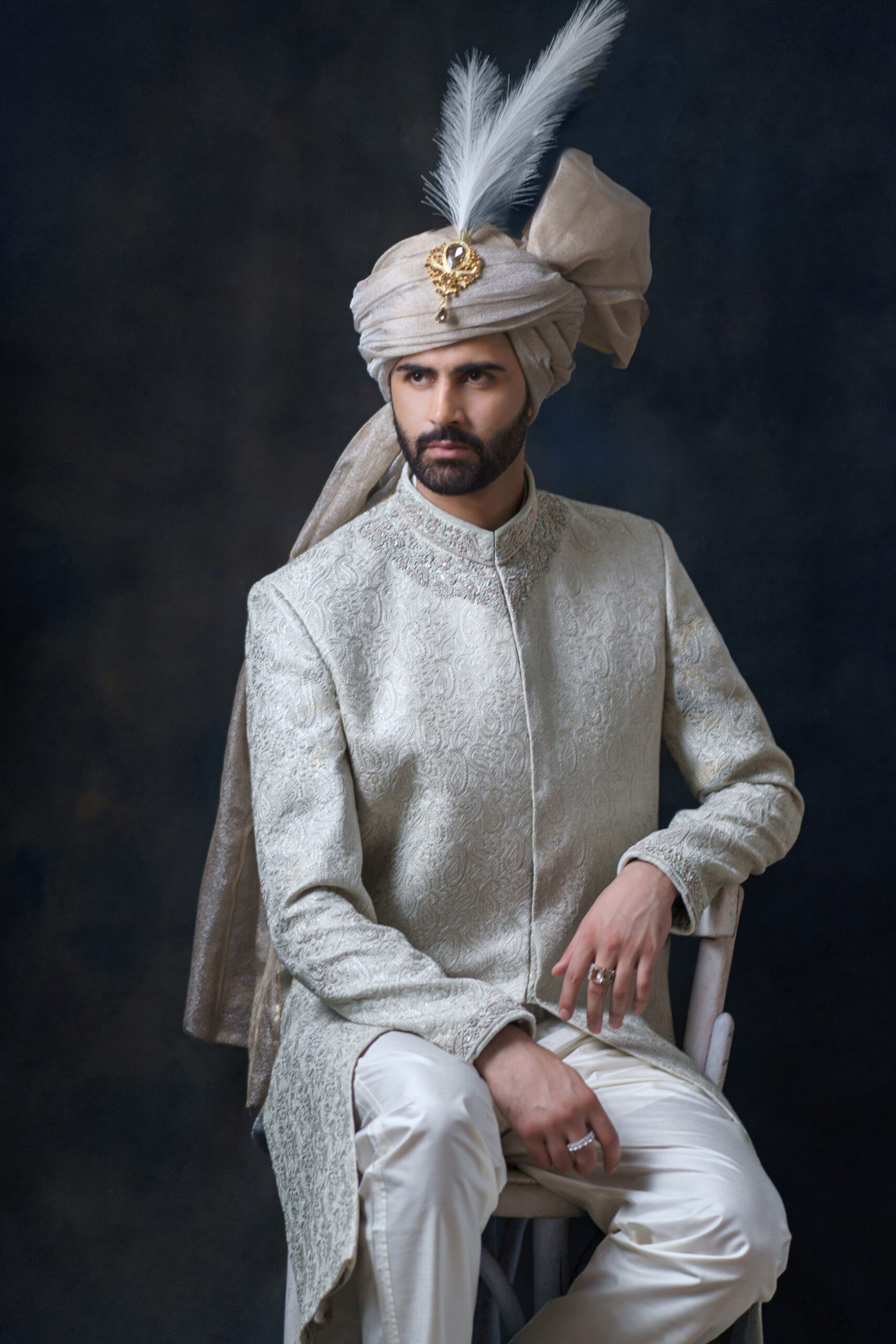 Ivory Hand-Embroidered Brocade Groom Sherwani (3-Piece) - Image 1