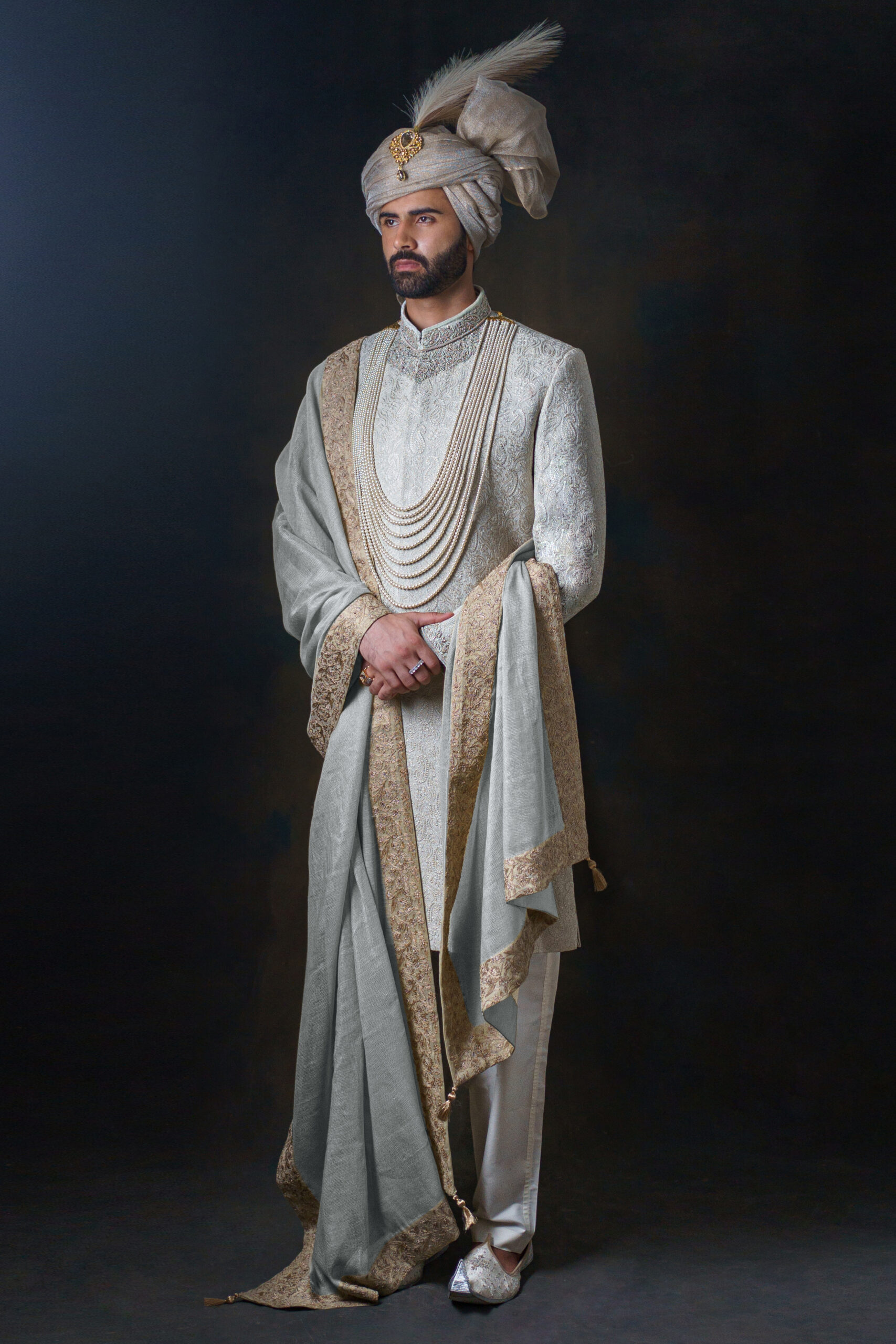 Ivory Hand-Embroidered Brocade Groom Sherwani (3-Piece) - Image 3
