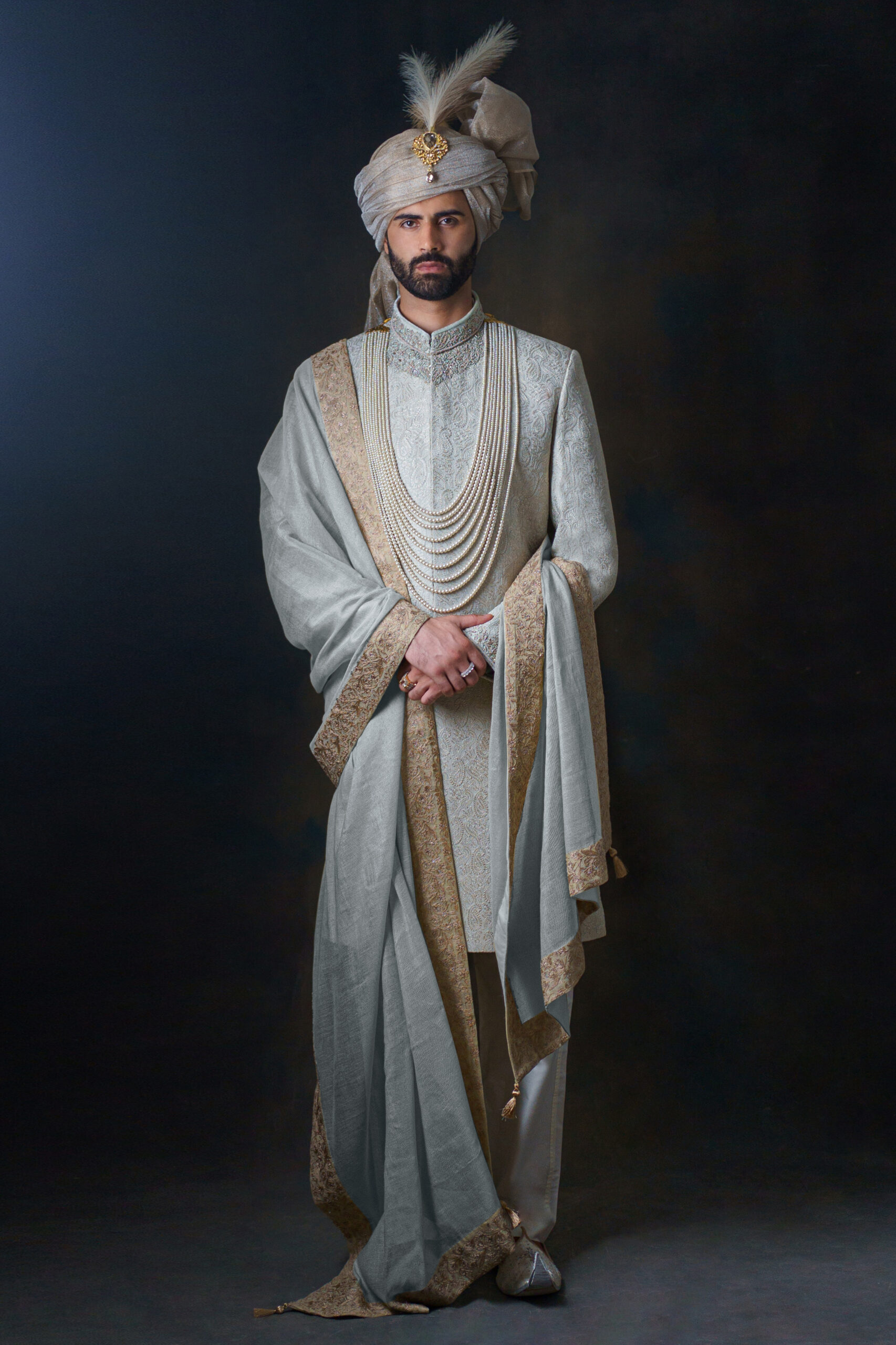 Ivory Hand-Embroidered Brocade Groom Sherwani (3-Piece) - Image 4