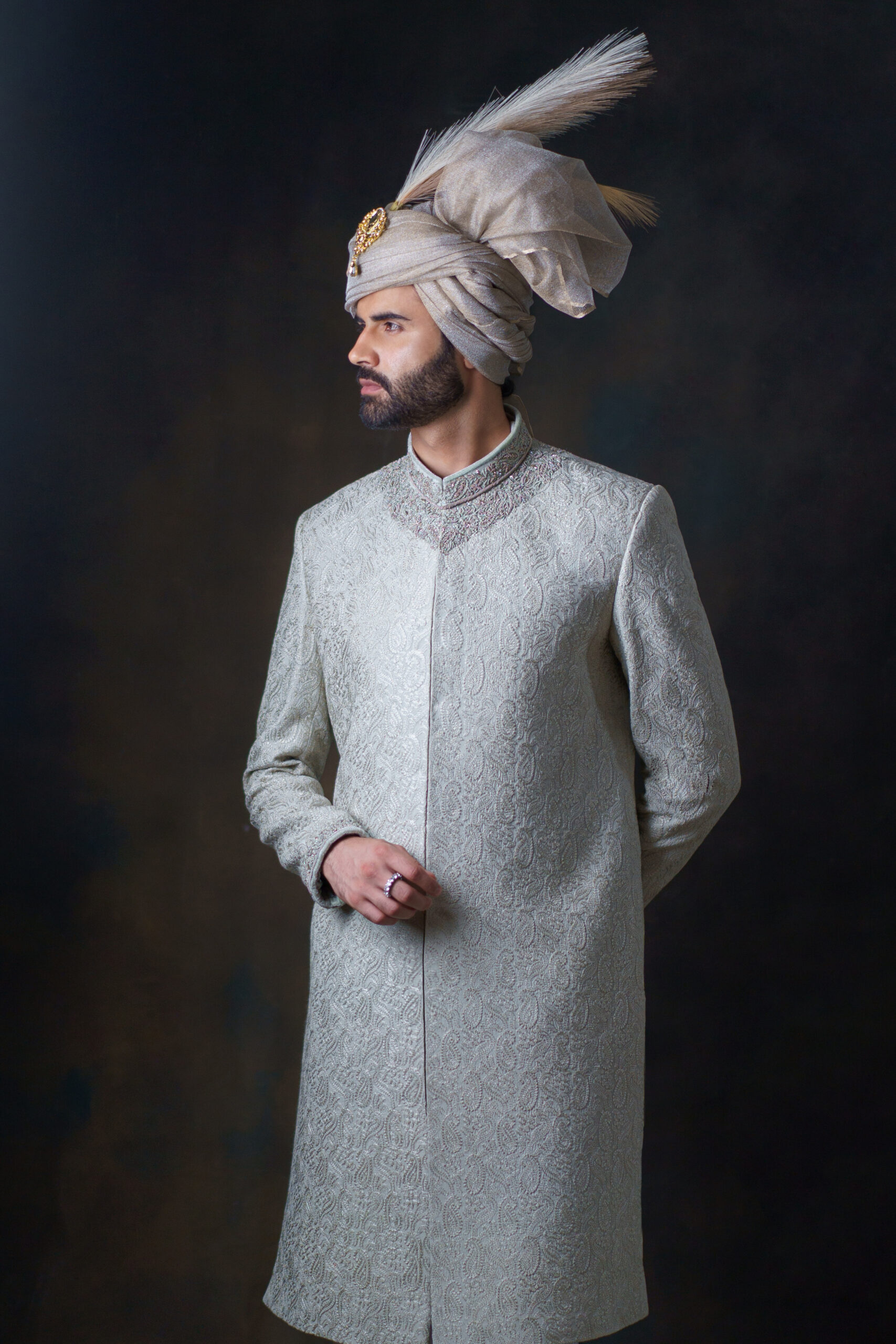 Ivory Hand-Embroidered Brocade Groom Sherwani (3-Piece) - Image 5