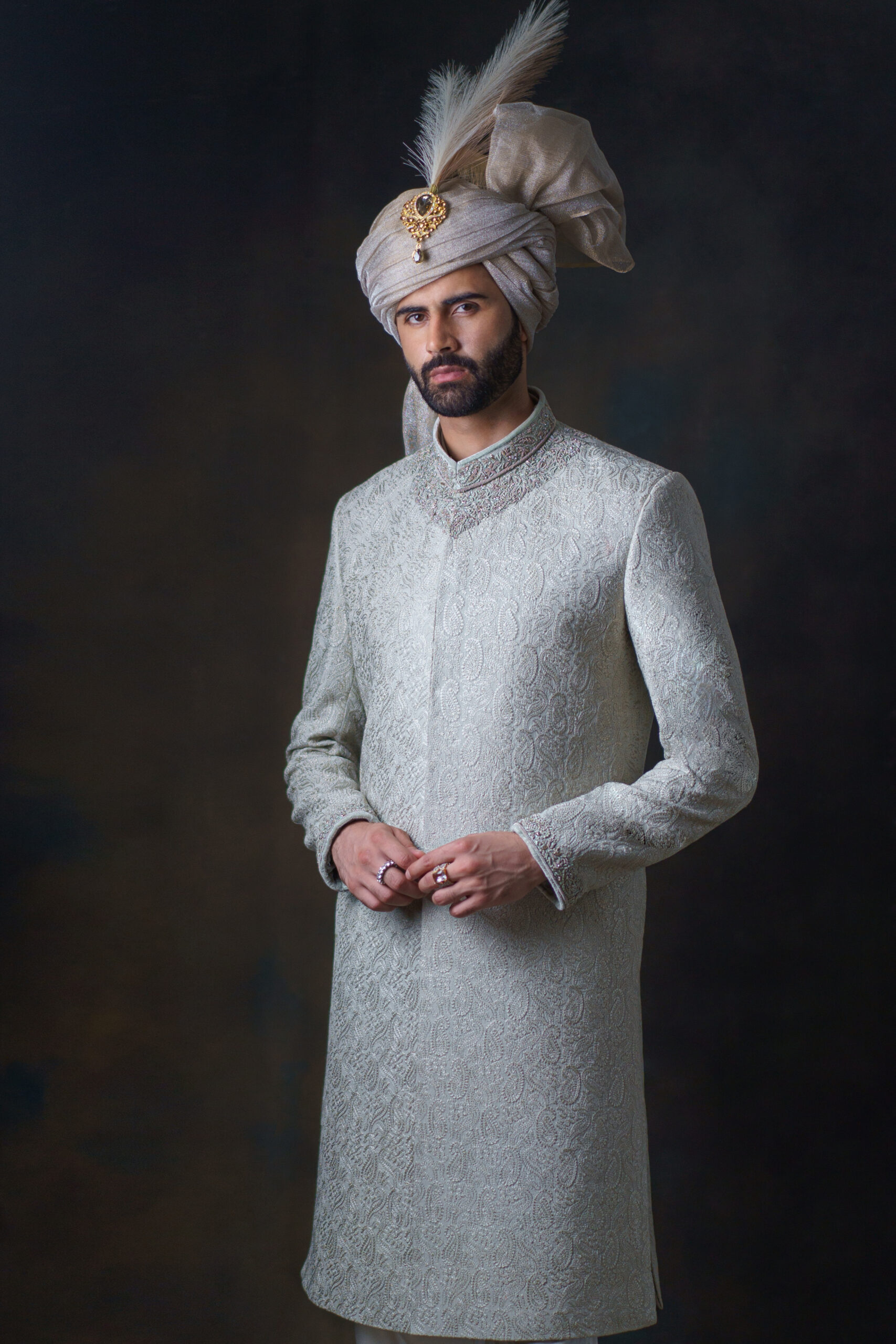 Ivory Hand-Embroidered Brocade Groom Sherwani (3-Piece) - Image 6