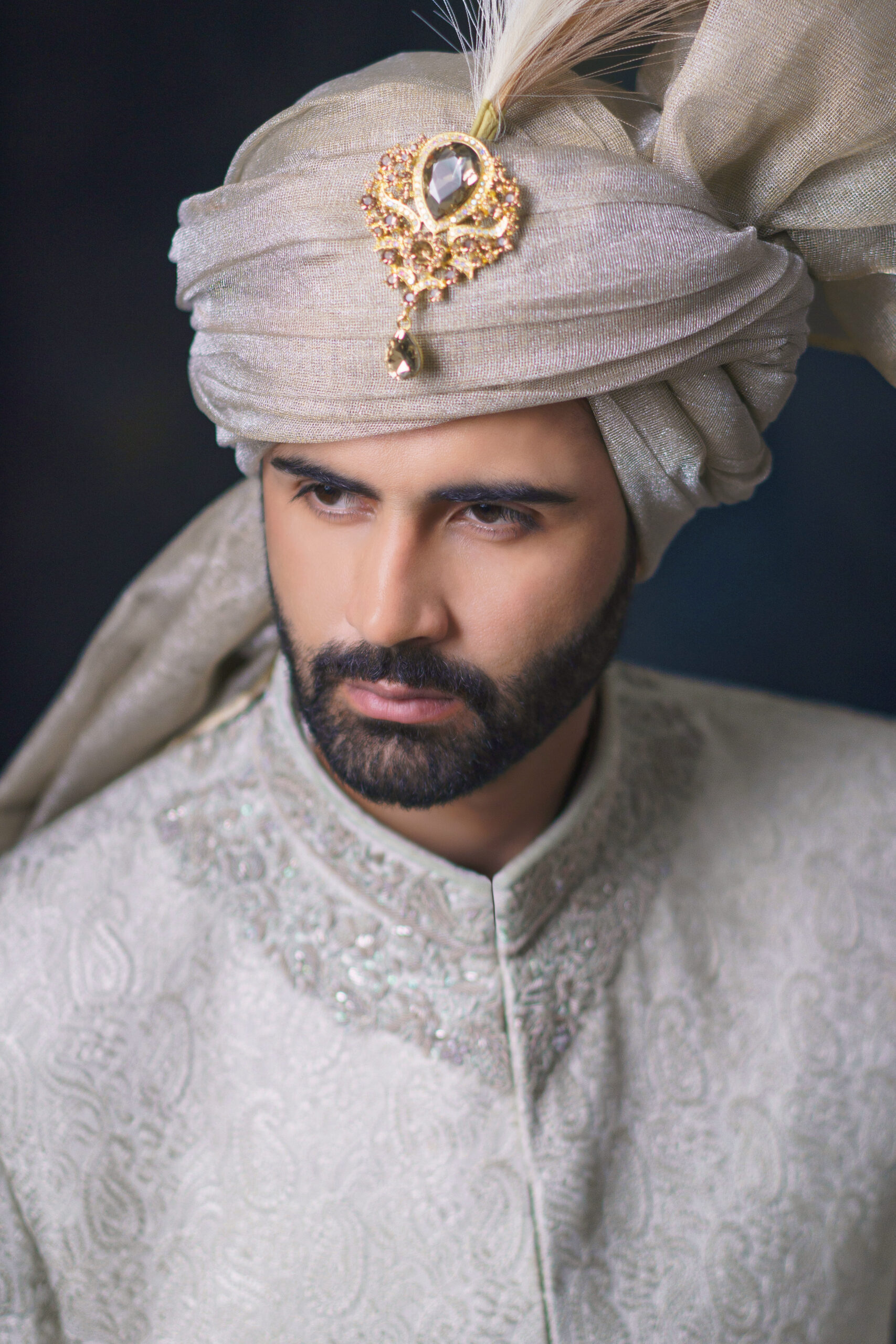 Ivory Hand-Embroidered Brocade Groom Sherwani (3-Piece) - Image 7