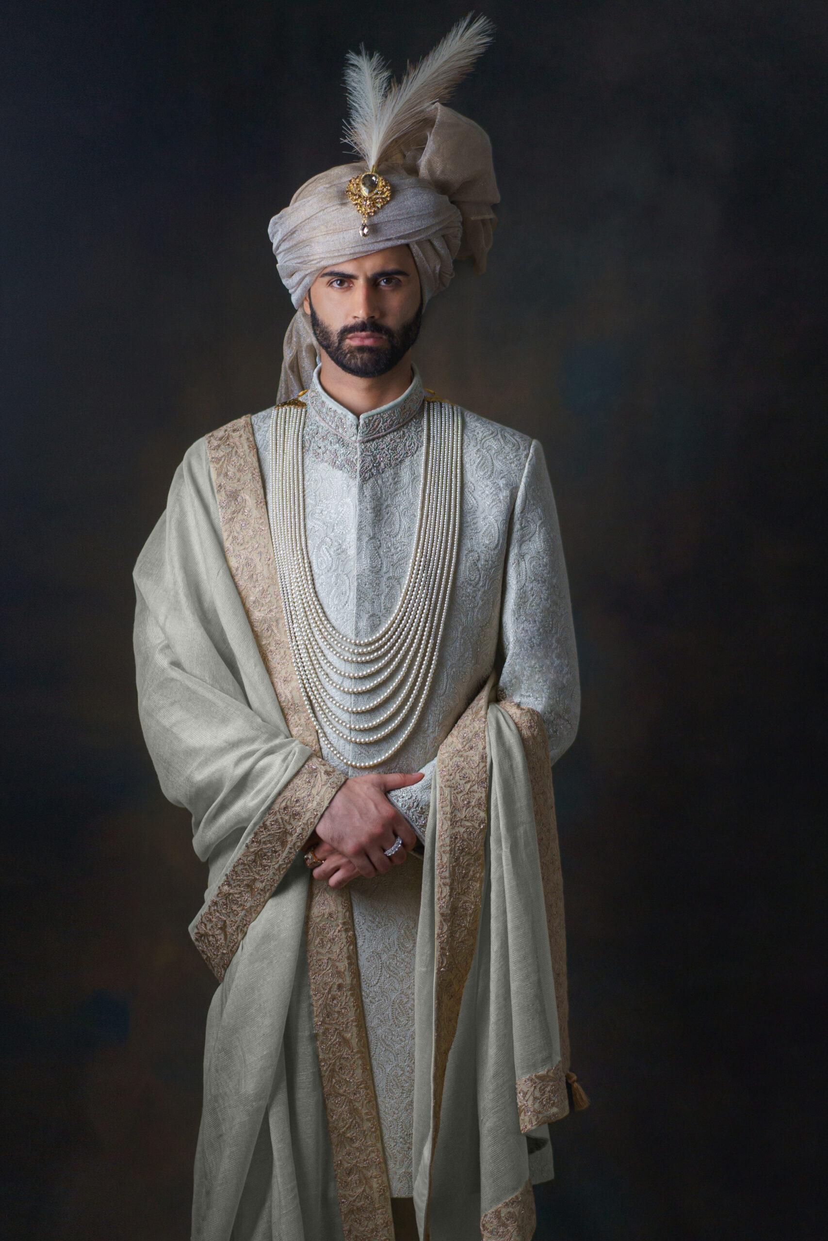 Ivory Hand-Embroidered Brocade Groom Sherwani (3-Piece) - Image 8