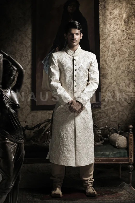 Ivory Threadwork Brocade Groom Sherwani (2-Piece) - Image 1