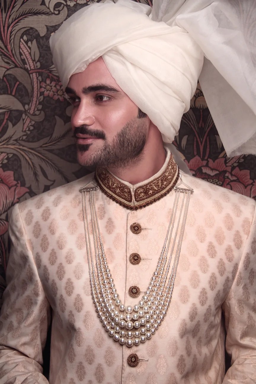 Ivory Embroidered Brocade Groom Sherwani (2-Piece) - Image 4