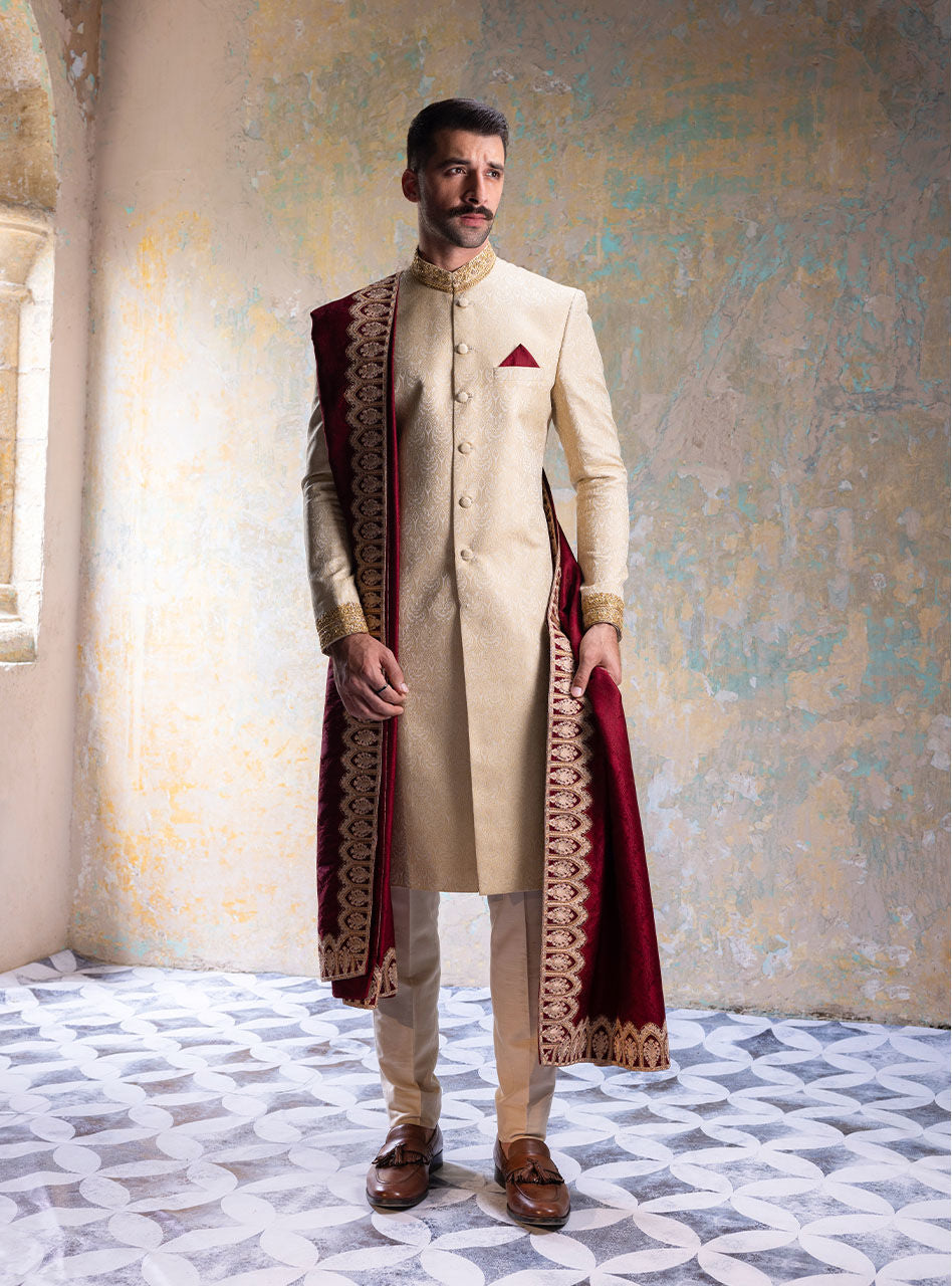 Ivory Gold-Embroidered Cotton Jacquard Sherwani (3-Piece) - Image 1