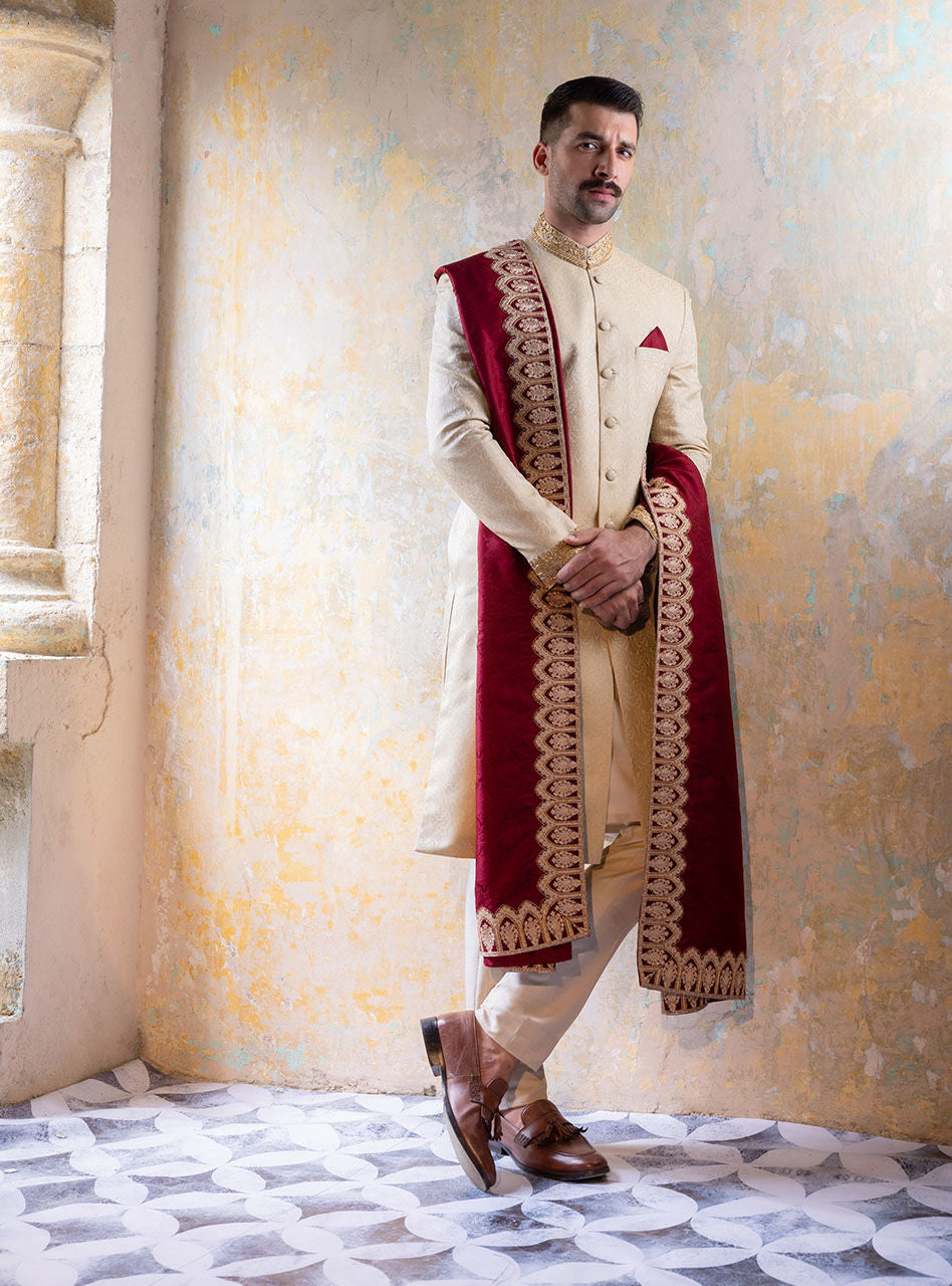 Ivory Gold-Embroidered Cotton Jacquard Sherwani (3-Piece) - Image 2