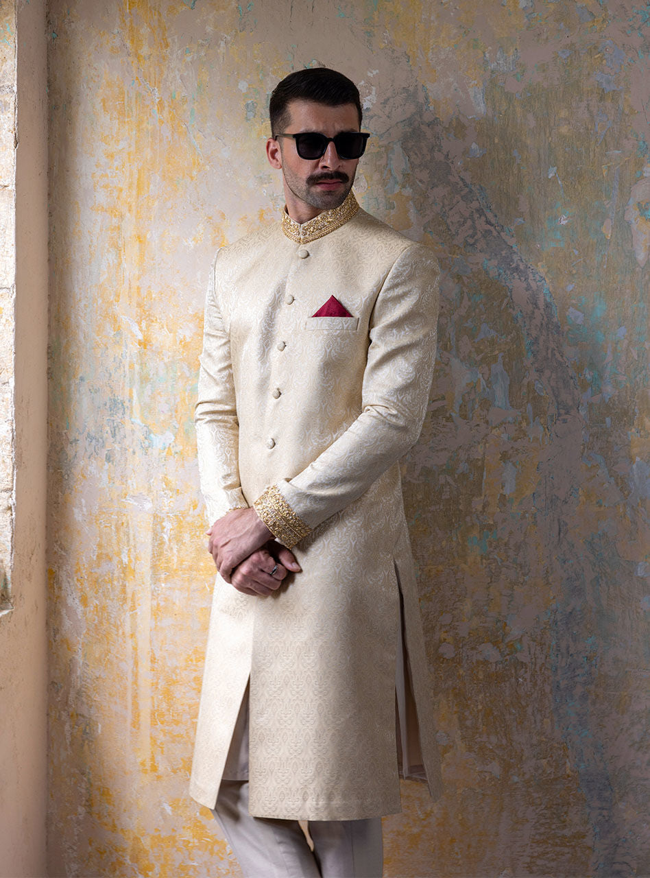 Ivory Gold-Embroidered Cotton Jacquard Sherwani (3-Piece) - Image 3