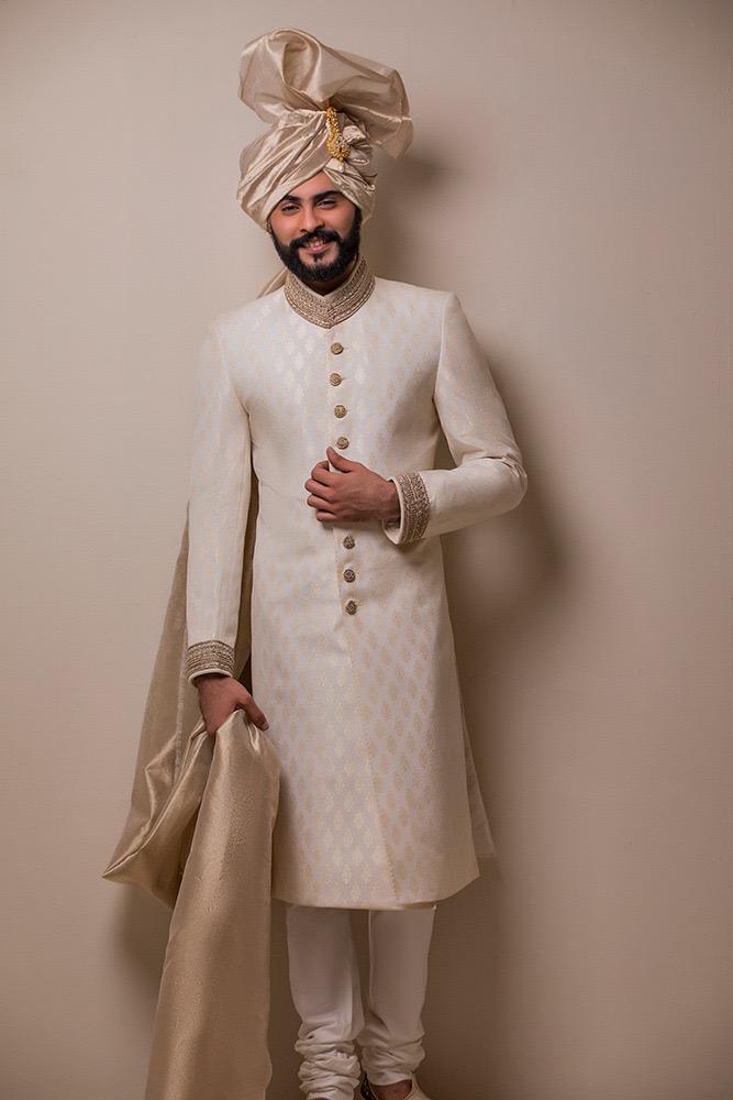 Ivory White Embroidered Cotton Sherwani (3-Piece) - Image 1