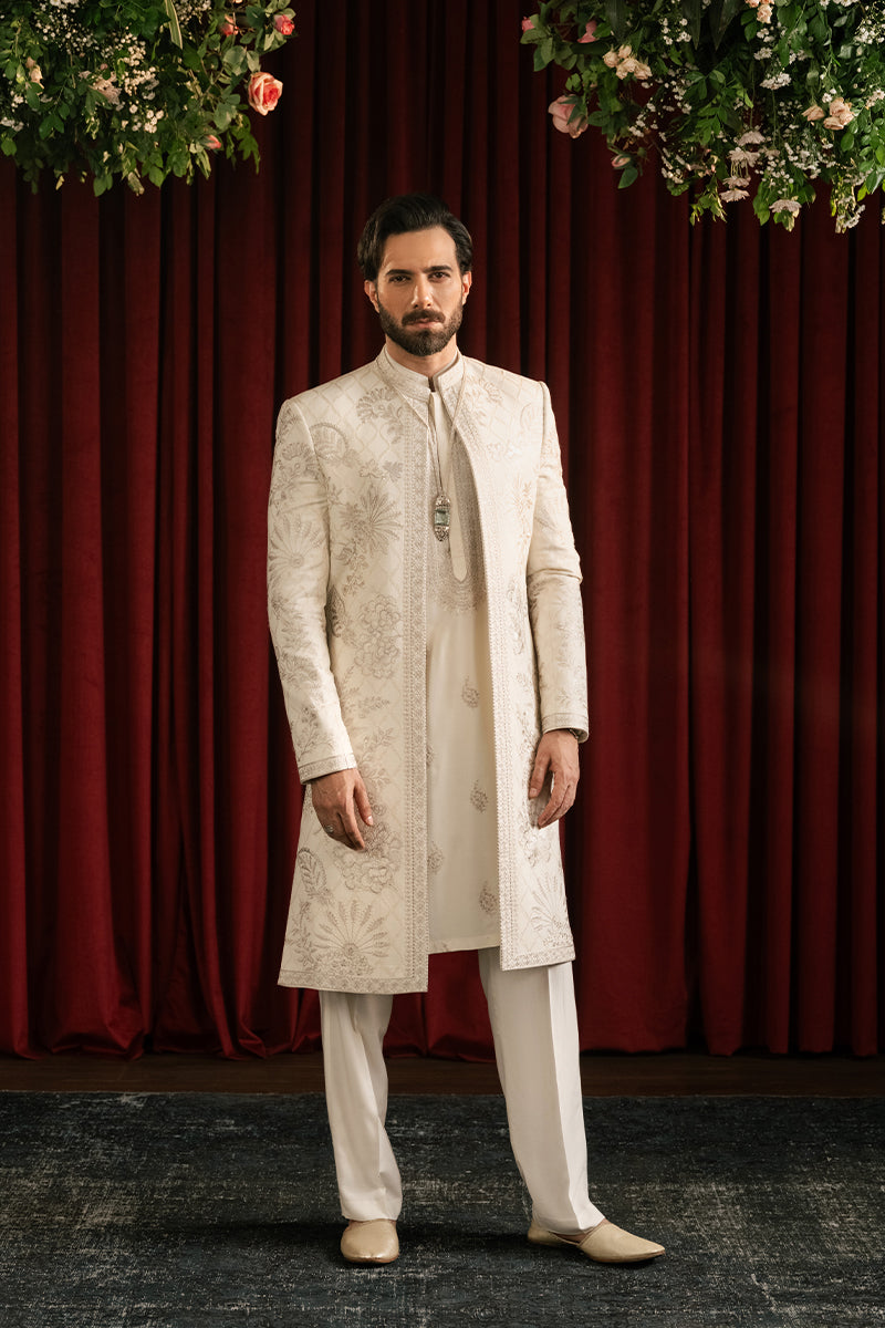 Boski Ivory Monotone Embroidered Cotton Silk Sherwani (3-Piece) - Image 1